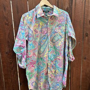 Ralph Lauren Shirt Dress Cover Up Size Large Pastel Paisley Button Up Loungewear